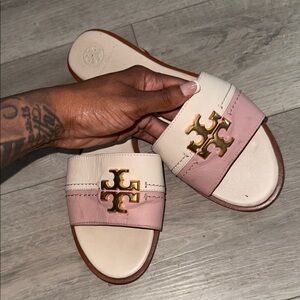 Tory Burch Blush and Cream Slides with Gold Logo